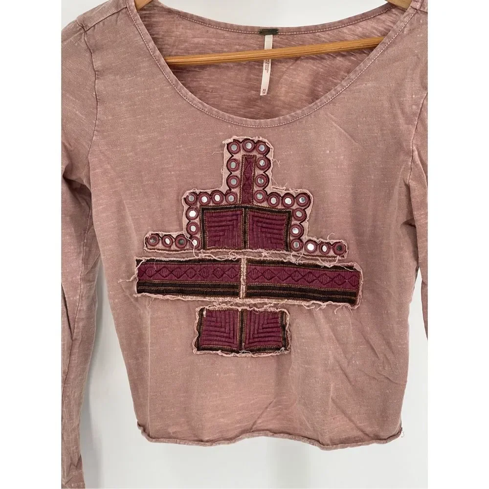 Free People Top Crop Women XS Pink‎ Mauve Embroidered V Neck Bohemian Flutter